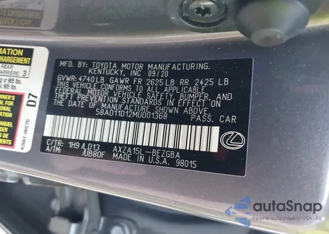 2021 Lexus Es 250 z USA, uszkodzony, nr VIN 58AD11D12MU001368